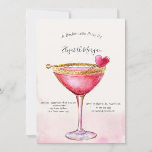 Invitation Watercolor Pink Cocktail Heart Bachelorette Party