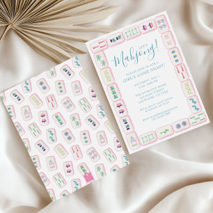Invitation Watercolor Pink et Green Mahjong Tiles Party