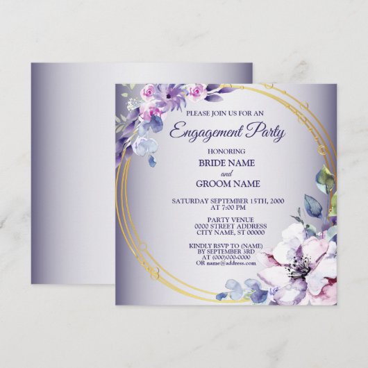 Invitation Watercolor Pink Floral Golden Purple Engagement (Devant / Derrière)