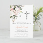 Invitation Watercolor Pink Florals First Holy Communion (Debout devant)