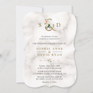 Invitation Watercolor Pink Flowers Ampersand Marble Wedding