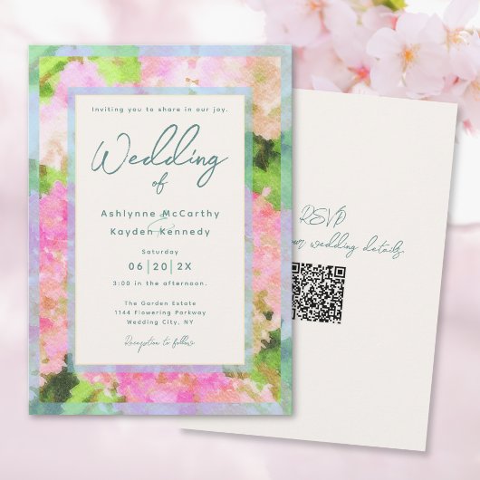 Invitation Watercolor Pink Hydrangea Garden QR Code Wedding 