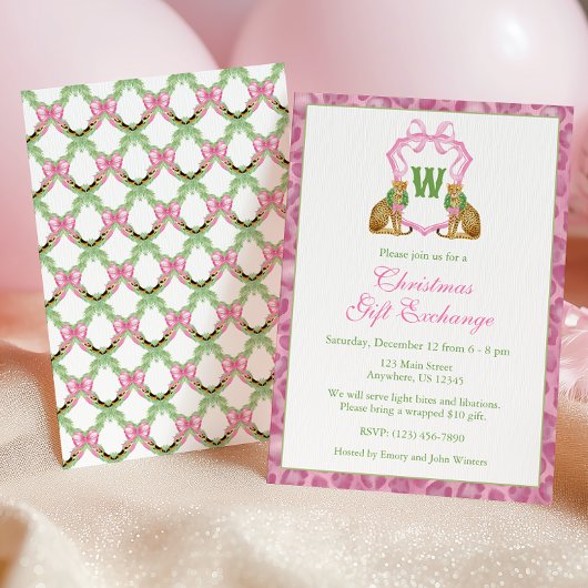 Invitation Watercolor Pink Leopard Monogram Crest Party