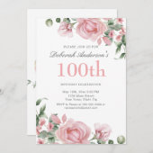 Invitation Watercolor PInk Rose 100th Birthday Party  (Devant / Derrière)