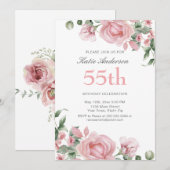 Invitation Watercolor PInk Rose 55e fête d'anniversaire (Devant / Derrière)