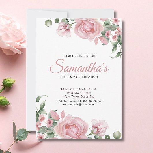 Invitation Watercolor PInk Rose Birthday Party 
