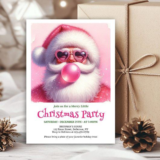 Invitation Watercolor Pink Santa Bubble Gum Funny Christmas