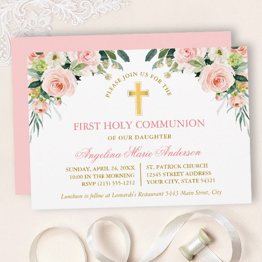Invitation Watercolor Pink White Floral Gold Communion