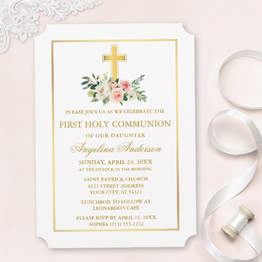 Invitation Watercolor Pink White Floral Gold Frame Communion