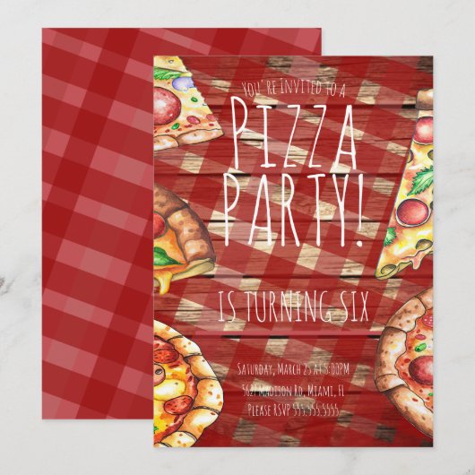 Invitation Watercolor Pizza Plaid Anniversaire Restaurant (Devant / Derrière)