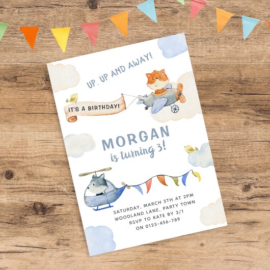 Invitation Watercolor Plane Cute Animaux Anniversaire