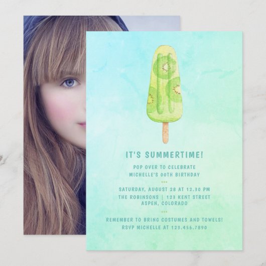 Invitation Watercolor Popsicle été fête d'anniversaire Photo (Devant / Derrière)