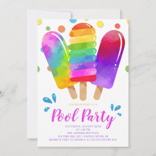 Invitation Watercolor Popsicles Pool Party (Devant)