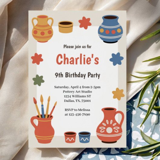 Invitation Watercolor Pottery Painting Birthday Party