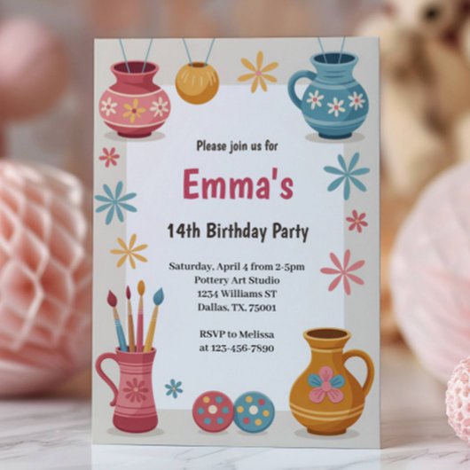 Invitation Watercolor Pottery Painting Birthday Party
