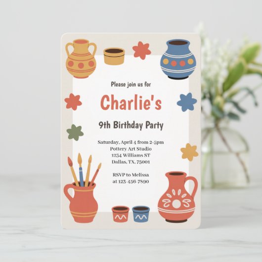 Invitation Watercolor Pottery Painting Birthday Party (Debout devant)