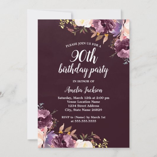 Invitation Watercolor Purple Floral 90e anniversaire (Devant)
