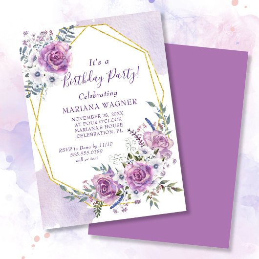 Invitation Watercolor Purple Floral fête d'anniversaire