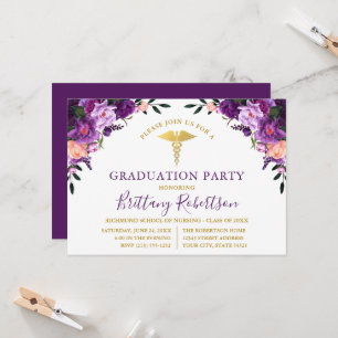 Invitation Watercolor Purple Floral Médicale Graduation Party