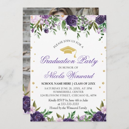 Invitation Watercolor Purple Flowers Girl Graduation Party (Devant / Derrière)