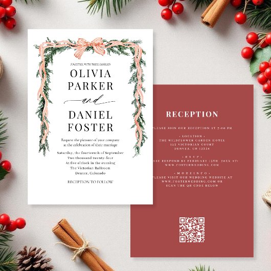 Invitation Watercolor QR Code Red Bow Christmas Greenery
