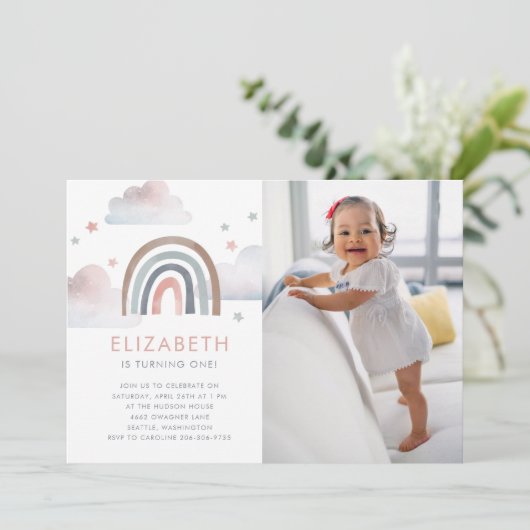 Invitation Watercolor Rainbow Girl Premier anniversaire fête (Debout devant)