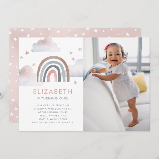 Invitation Watercolor Rainbow Girl Premier anniversaire fête (Devant / Derrière)