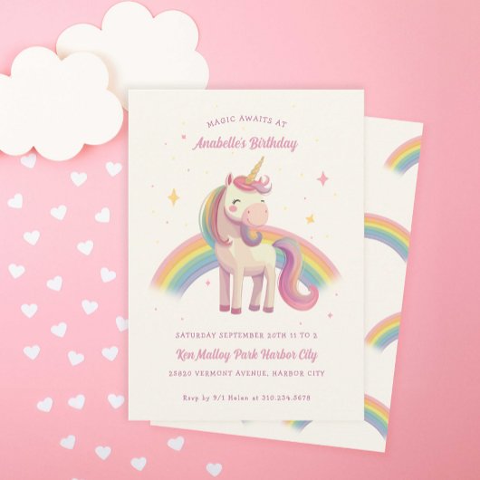 Invitation Watercolor Rainbow Unicorn fête d'anniversaire