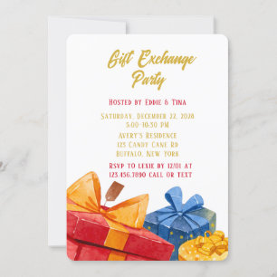 Invitation Watercolor Red et Golden Cadeau Exchange Party