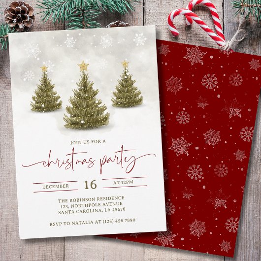 Invitation Watercolor Red Green Pine Trees Christmas Party