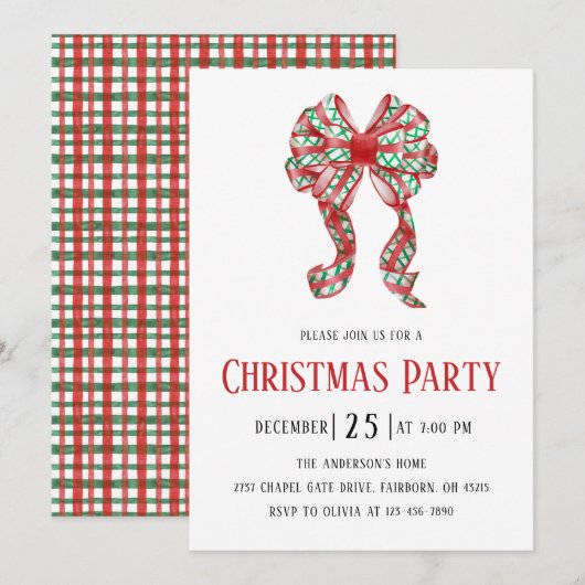 Invitation Watercolor Red Green Plaid Bow Christmas Party (Devant / Derrière)