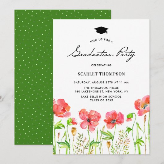 Invitation Watercolor Red Poppies Garden Graduation Party (Devant / Derrière)