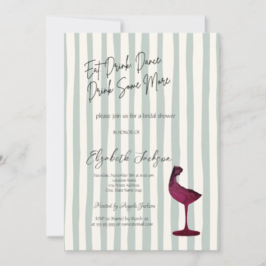 Invitation Watercolor Red Wine Glass Green Striped  (Devant)