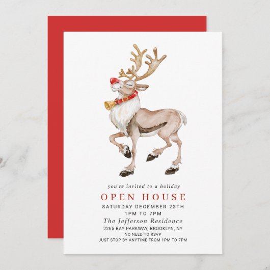 Invitation Watercolor Reindeer CHRISTMAS VACANCES OPEN HOUSE (Devant / Derrière)
