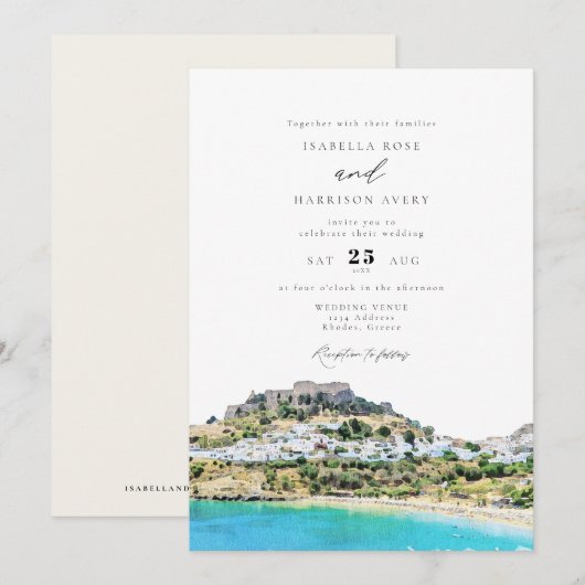Invitation Watercolor Rhodes Greece Beach Skyline Mariage (Devant / Derrière)