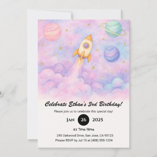 Invitation Watercolor Rocket & Dreamy Galaxy Birthday  (Devant)