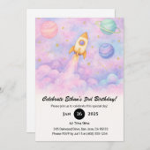 Invitation Watercolor Rocket & Dreamy Galaxy Birthday  (Devant / Derrière)