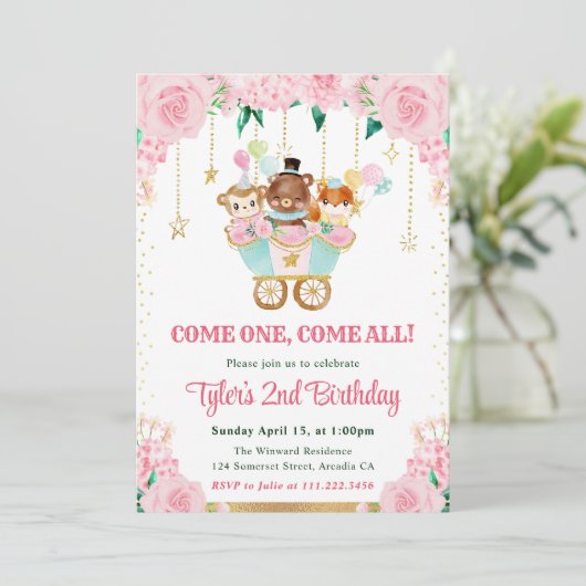 Invitation Watercolor Rose Circus Animaux Fête d'anniversaire (Debout devant)