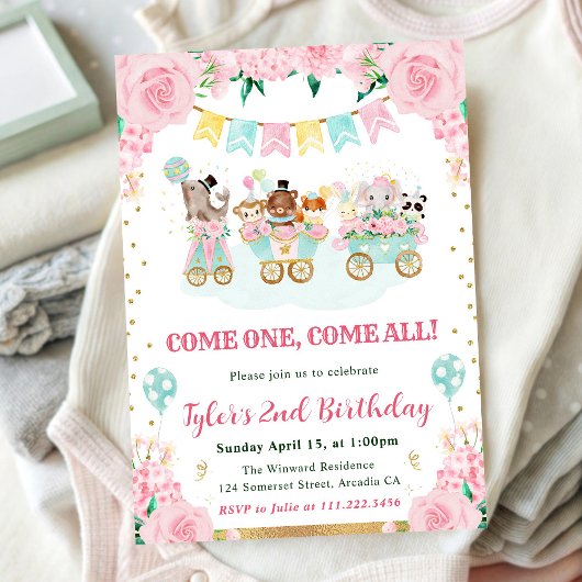 Invitation Watercolor Rose Circus Animaux Fête d'anniversaire