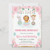 Invitation Watercolor Rose Circus Animaux Fête d'anniversaire (Devant)