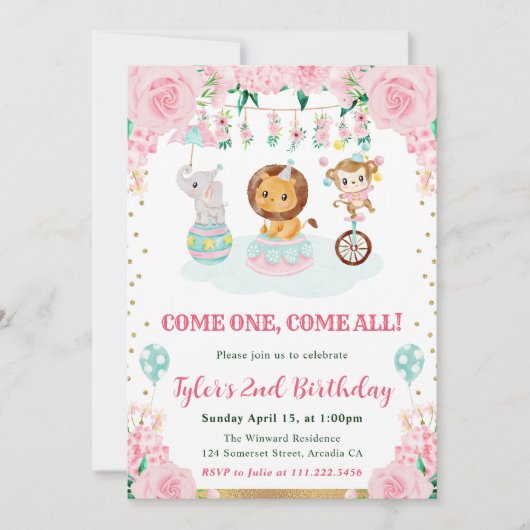 Invitation Watercolor Rose Circus Animaux Fête d'anniversaire (Devant)