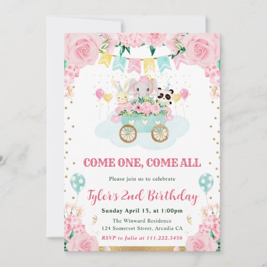 Invitation Watercolor Rose Circus Animaux Fête d'anniversaire (Devant)