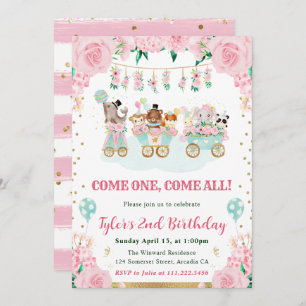 Invitation Watercolor Rose Circus Animaux Fête d'anniversaire