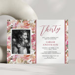 Invitation Watercolor Rose Floral 30e fête d'anniversaire<br><div class="desc">Elégante invitation de fête du trentième anniversaire avec une aquarelle rose rustique sur fond floral,  une photo de la fille d'anniversaire,  et un modèle de fête du 30ème qui est facile à personnaliser.</div>