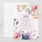 Invitation Watercolor Rose Floral 90e fête d'anniversaire (Devant / Derrière)