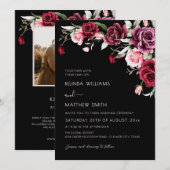 Invitation Watercolor Roses Black Background | Photo Wedding (Devant / Derrière)