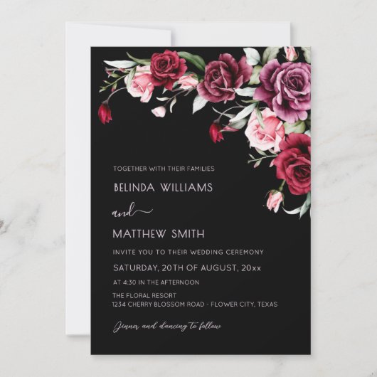 Invitation Watercolor Roses Black Background | Photo Wedding (Devant)