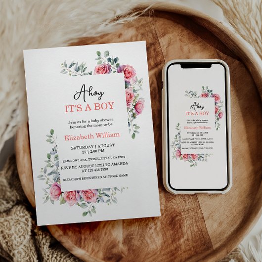 Invitation Watercolor Roses & Eucalyptus Baby Shower