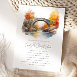 Invitation Watercolor Rustic Autumn Bridge Mariage<br><div class="desc">Cette invitation présente une aquarelle d'un pont en pierre rustique brun et gris traversant une rivière aux rives rocheuses, entourée de bois éclatant de couleurs d'automne rouge et or. Le nom du couple apparaît dans un script d'écriture manuscrite moderne, le reste du texte dans la police sans serif. Le dos...</div>
