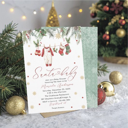 Invitation Watercolor Santa Baby Winter  Baby Shower mom-to-b